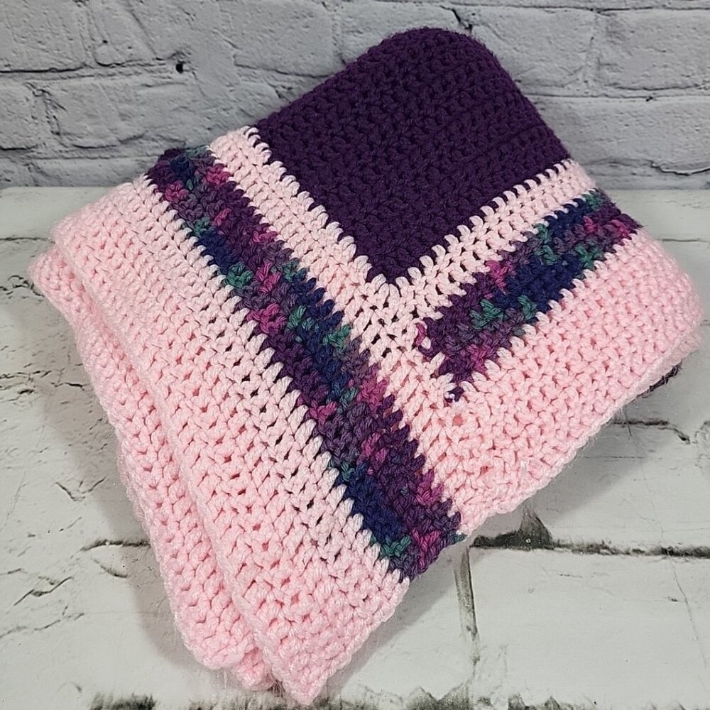 Vintage Handmade Afghan Blanket Pink Purple Striped Grannycore Throw‎ 44" X 50"